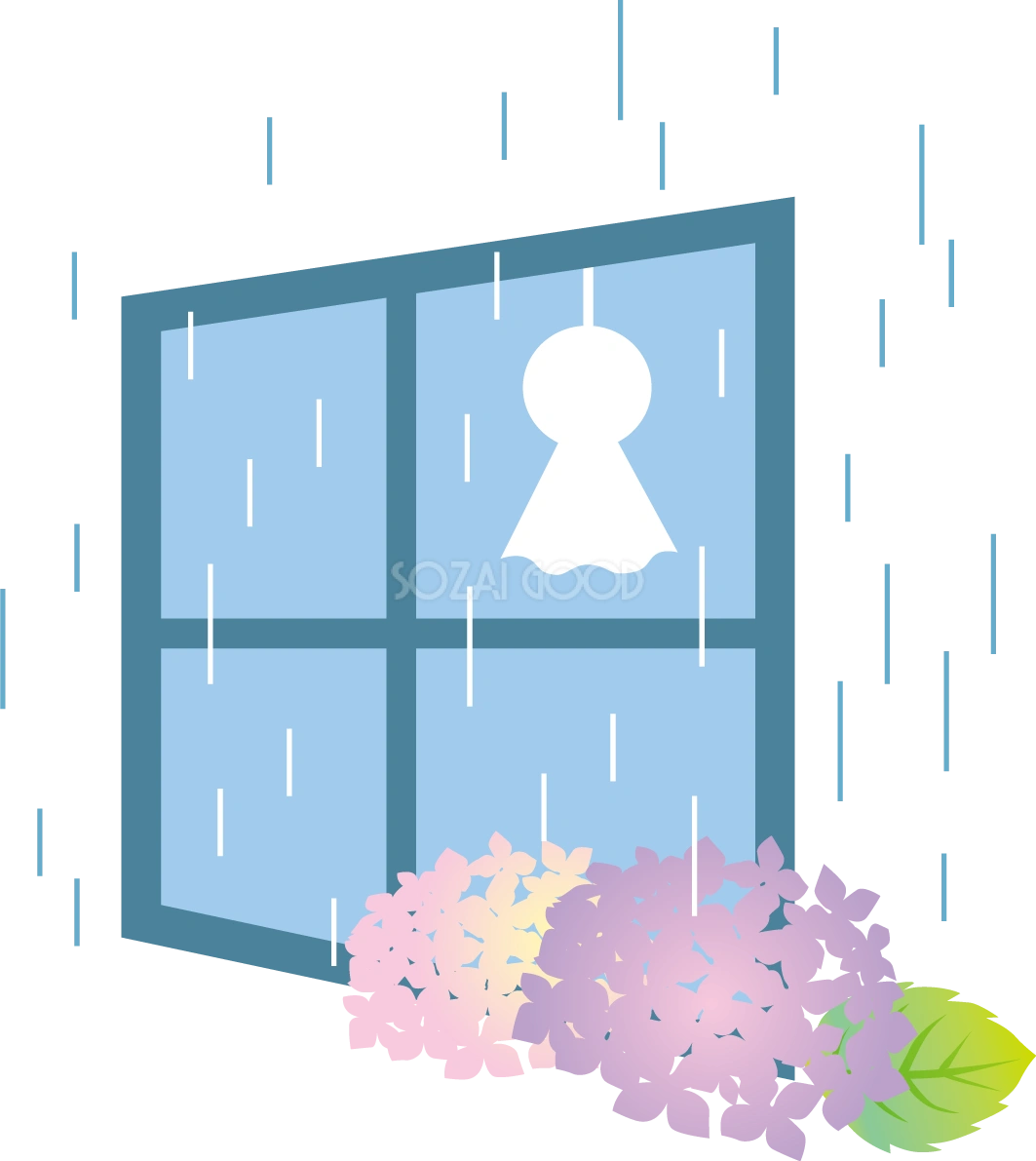 窓と雨とあじさいとてるてる坊主のかわいい梅雨の無料フリーイラスト83855