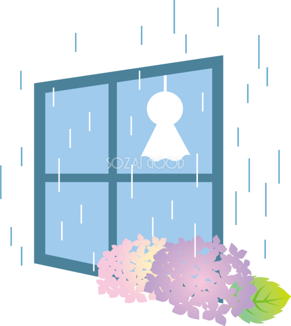 窓と雨とあじさいとてるてる坊主のかわいい梅雨の無料フリーイラスト855 素材good