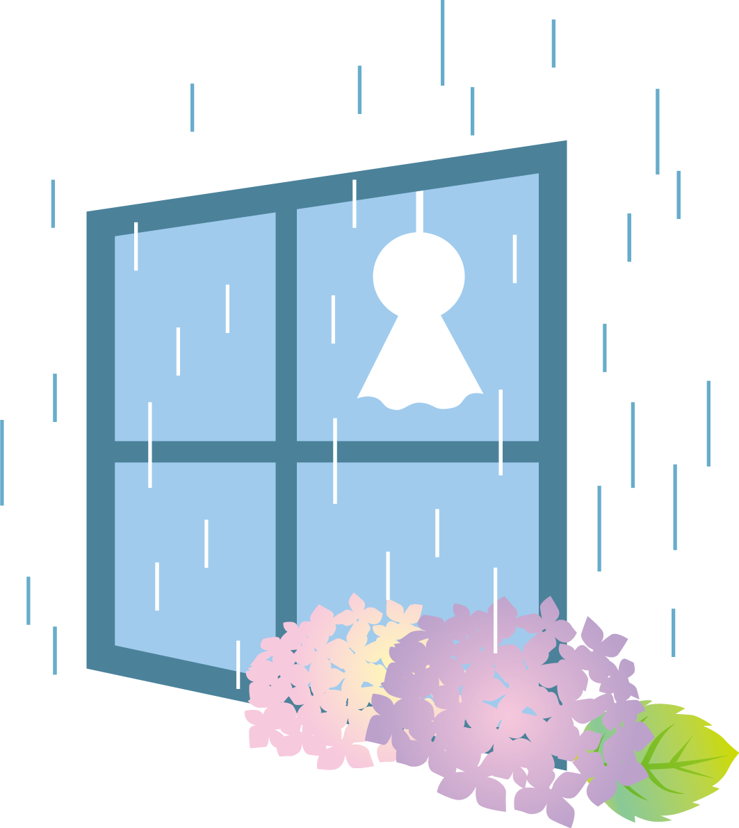 窓と雨とあじさいとてるてる坊主のかわいい梅雨の無料フリーイラスト83855に写真・文字を入れる