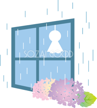 窓と雨とあじさいとてるてる坊主のかわいい梅雨の無料フリーイラスト83855