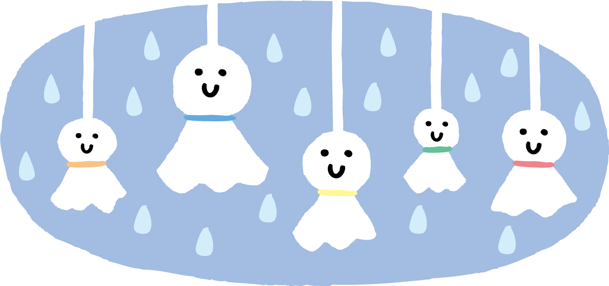 楕円の中に5つのてるてる坊主のかわいい梅雨の無料フリーイラスト83857に写真・文字を入れる