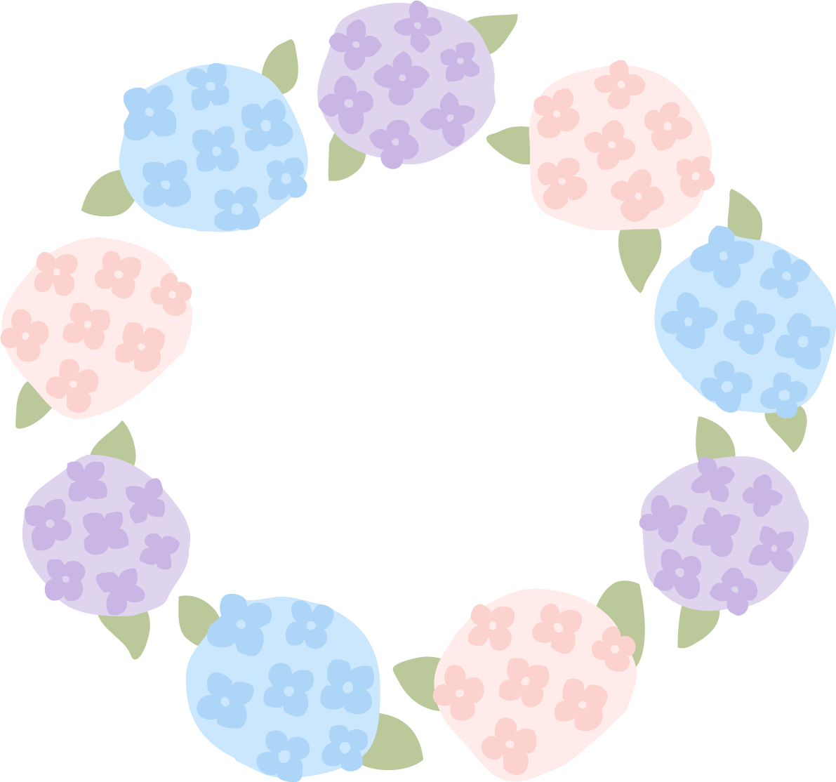 カラフルなかわいい紫陽花のリースイラスト無料フリー83887に写真・文字を入れる