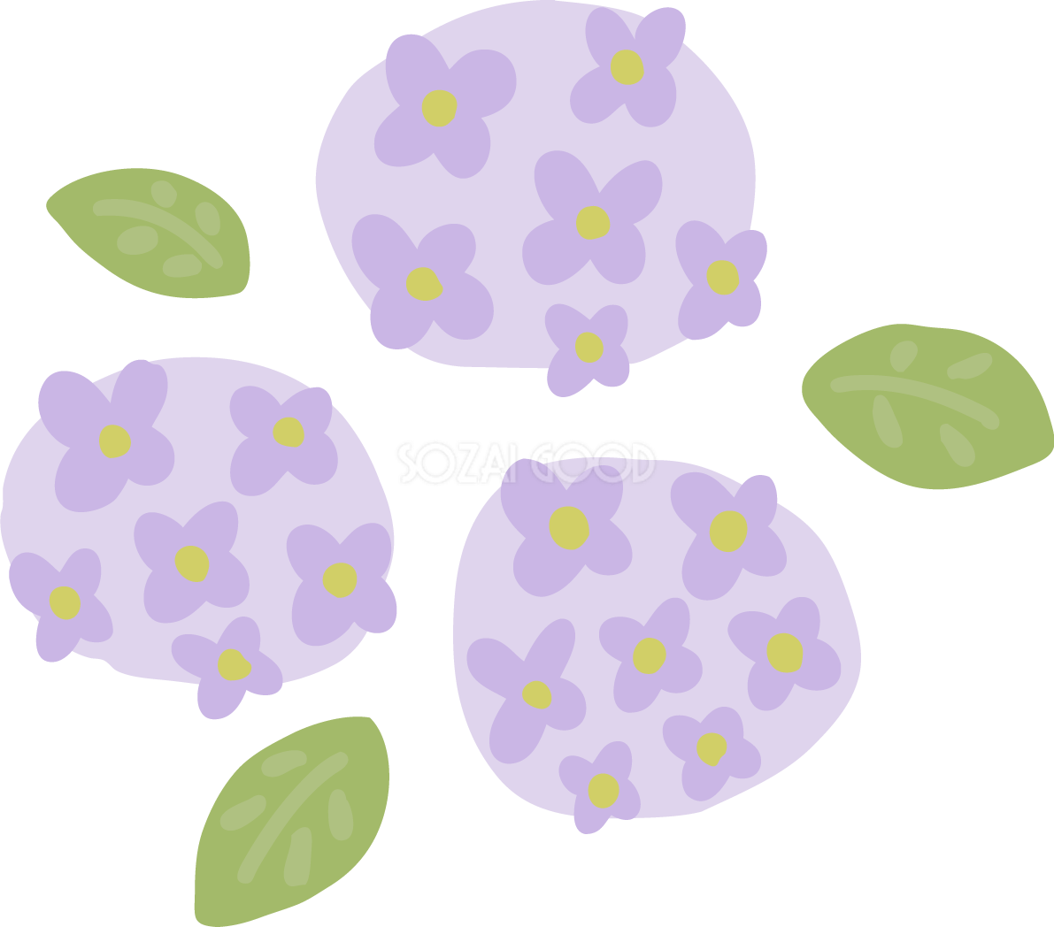 紫色のかわいい紫陽花の花と葉っぱイラスト無料フリー83888