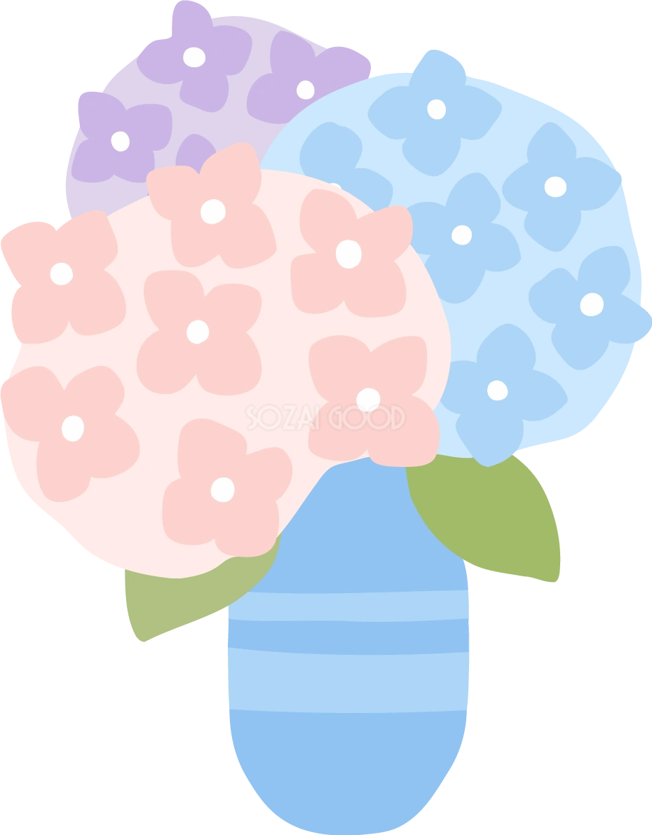水色の花瓶のカラフルなかわいい紫陽花のイラスト無料フリー83889