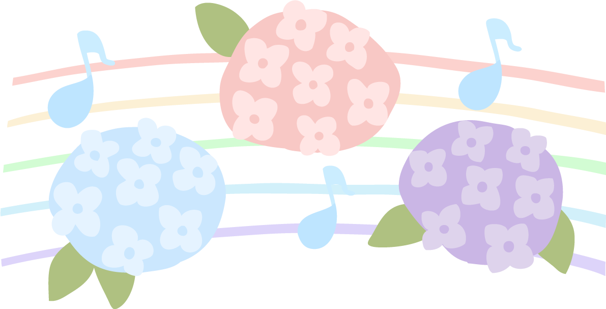 虹色の五線とカラフルなかわいい紫陽花のイラスト無料フリー83890に写真・文字を入れる
