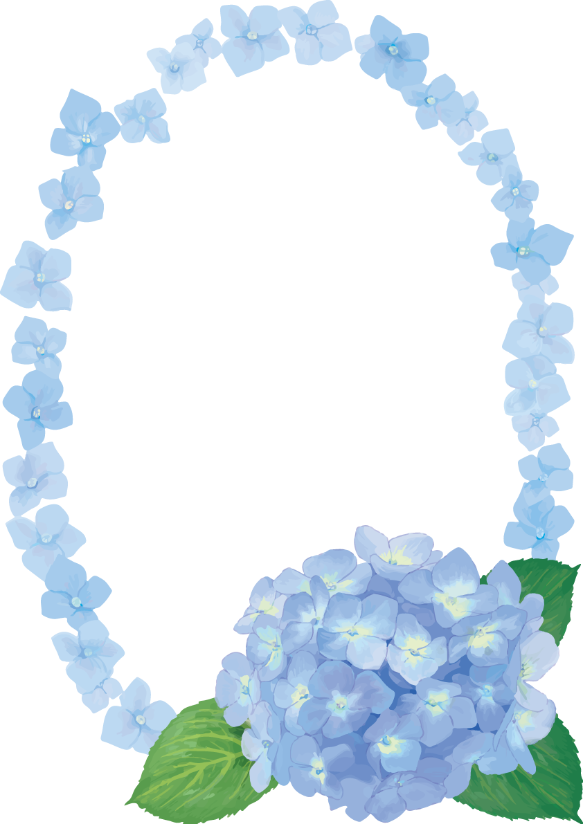 ブルー紫陽花の花輪フレーム枠イラスト「おしゃれ綺麗」無料フリー83897に写真・文字を入れる