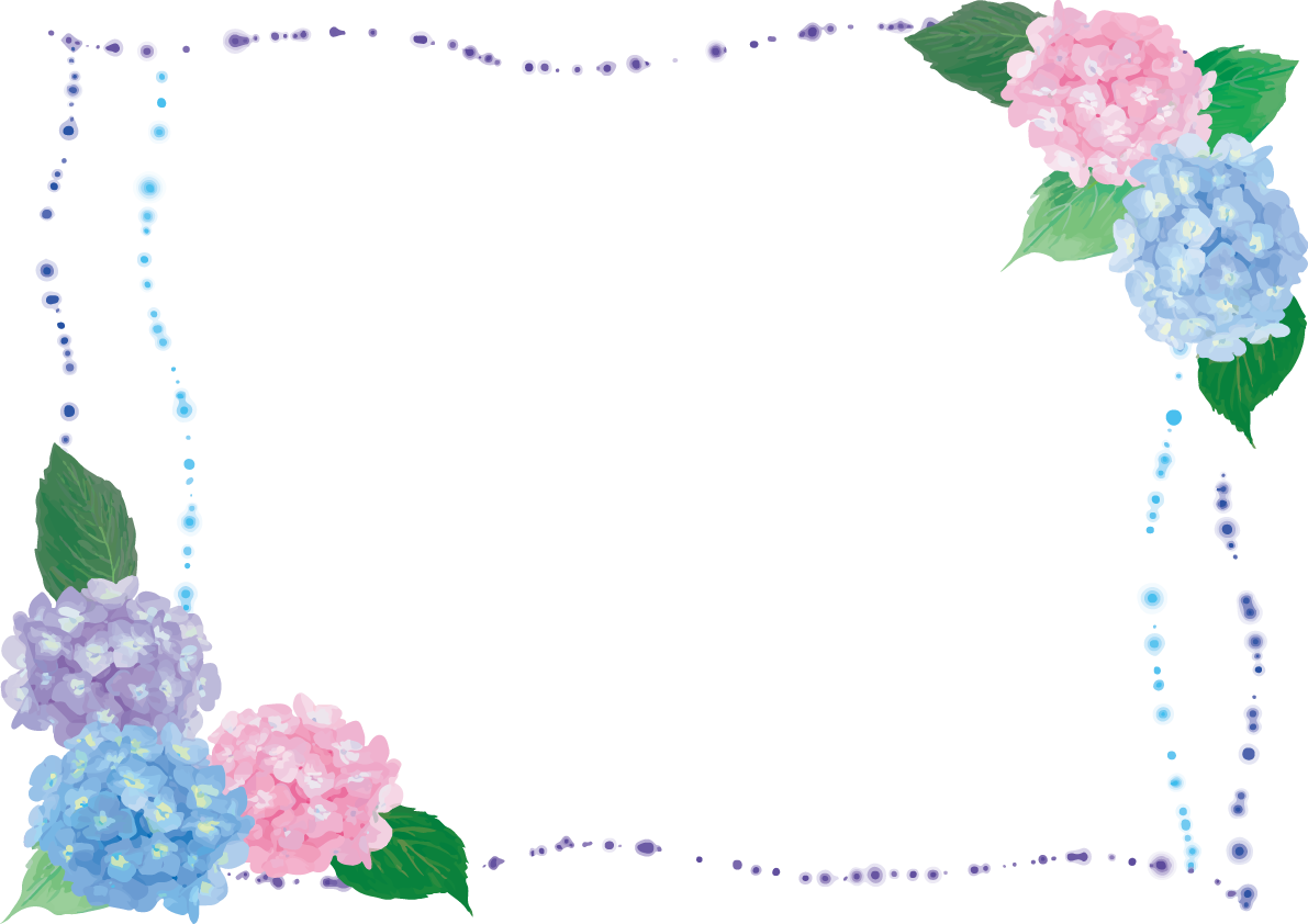 三色 紫陽花に小粒の雨水模様で囲むフレーム枠イラスト「おしゃれ綺麗」無料フリー83902に写真・文字を入れる