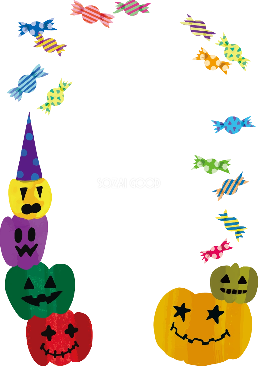 おしゃれかわいい(カラフルかぼちゃとキャンディ)ハロウィンの縦フレーム枠イラスト無料フリー84046