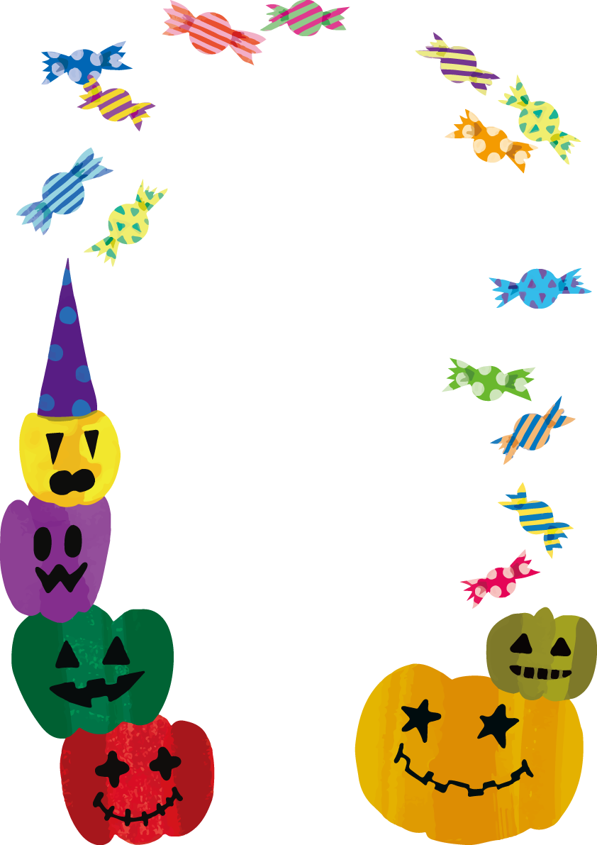 おしゃれかわいい(カラフルかぼちゃとキャンディ)ハロウィンの縦フレーム枠イラスト無料フリー84046に写真・文字を入れる