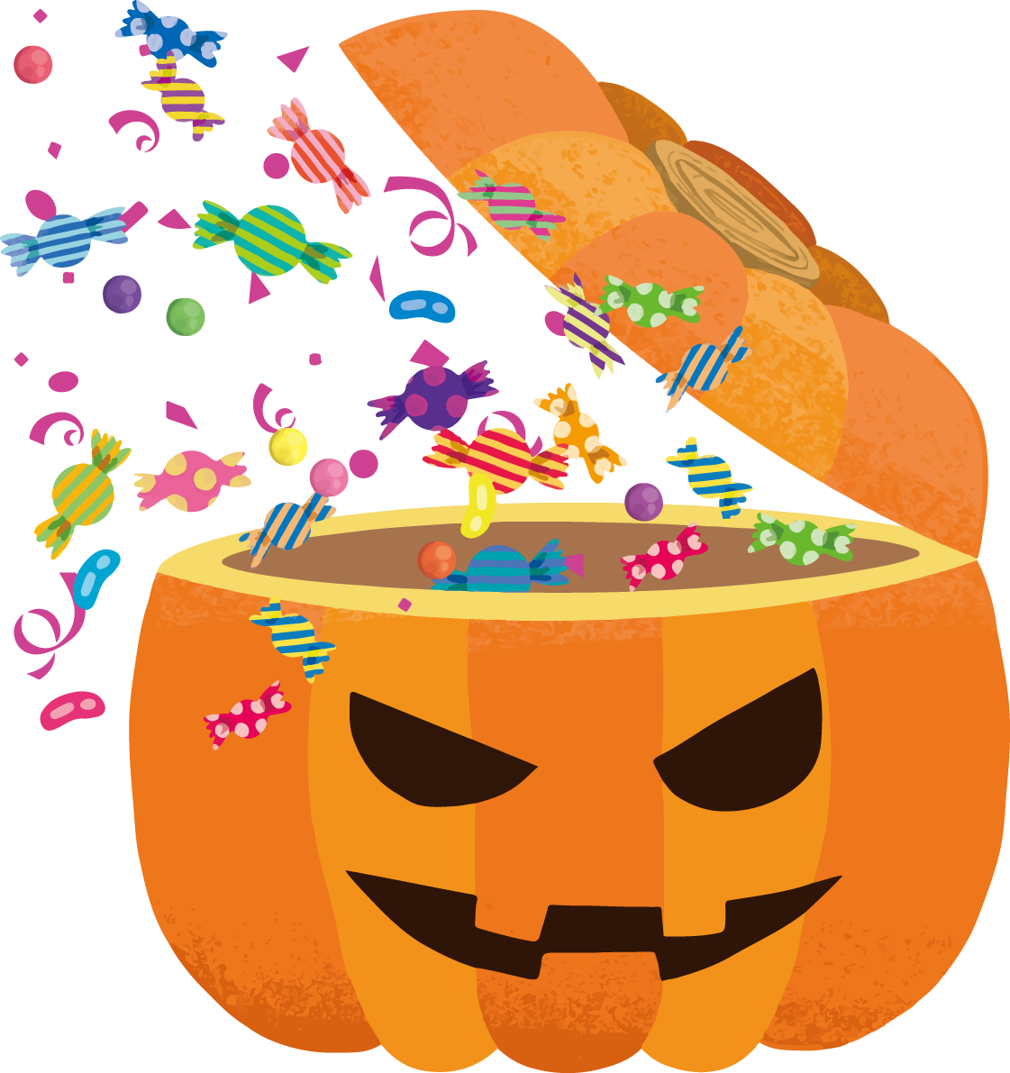 ハロウィン「お菓子が飛び出すかぼちゃ顔」イラストかわいい無料フリー84251に写真・文字を入れる