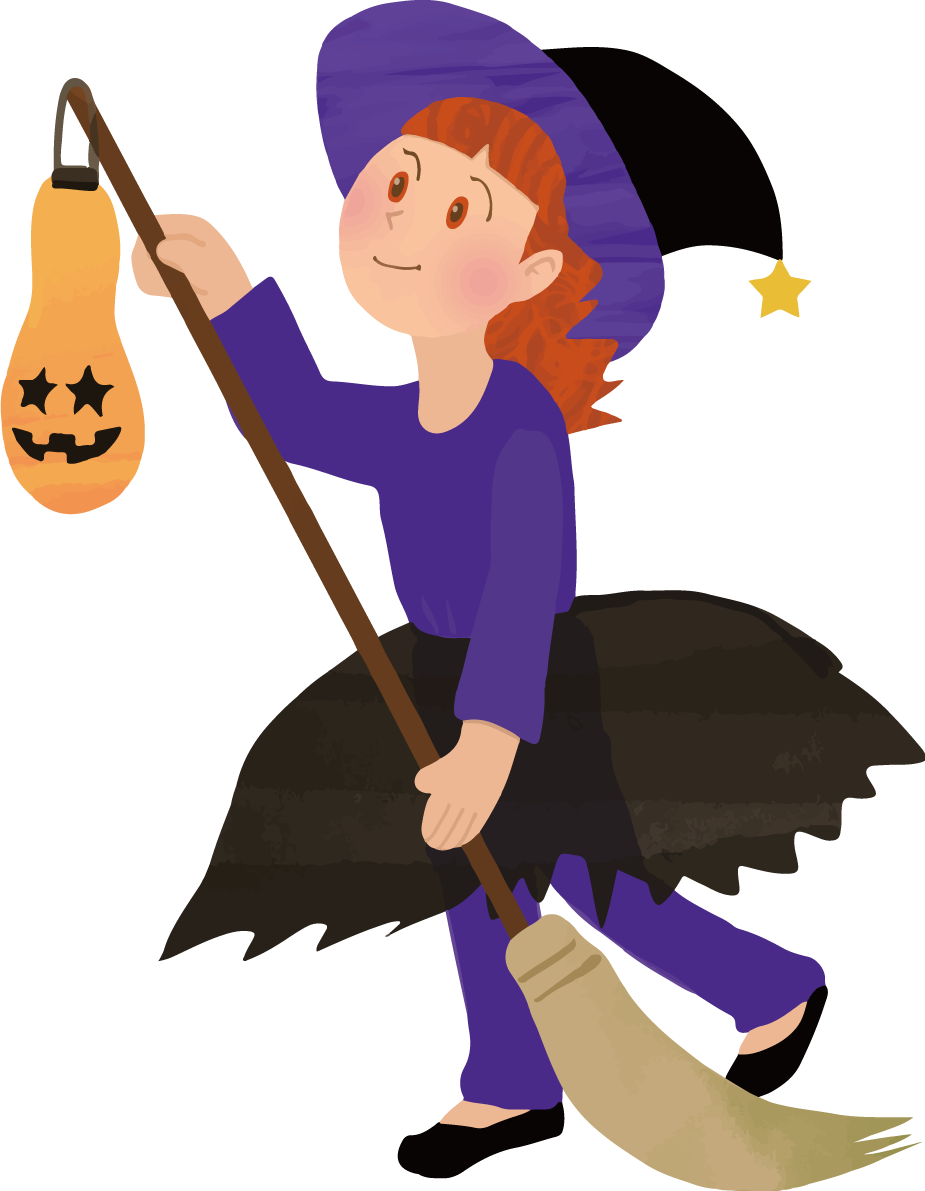 ハロウィン「ホウキを持ち飛ぼうとする魔女」イラストかわいい無料フリー84273に写真・文字を入れる