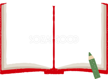 かわいい赤い開いた本と色鉛筆の見開きイラスト無料フリー84548