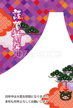 富士山(薄紫ベースの背景に鹿の子雲)亥年のビジネス年賀状テンプレート無料(フリー)イラスト84701