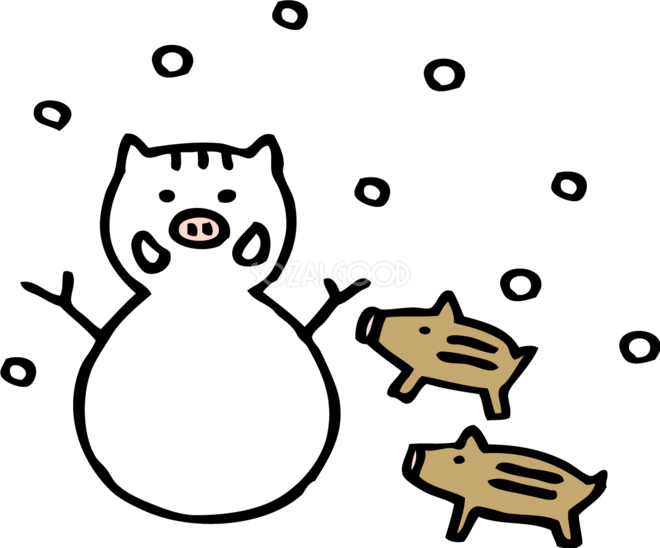 かわいいイノシシ風の雪だるまとうり坊の亥年の年賀状無料イラスト無料