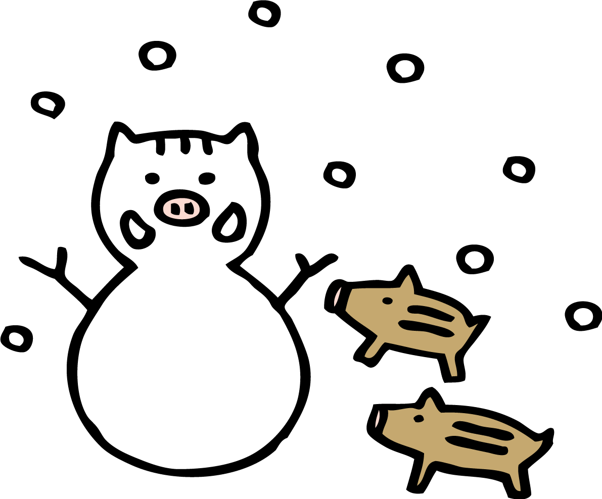 かわいいイノシシ風の雪だるまとうり坊の亥年の年賀状無料イラスト無料フリー84729に写真・文字を入れる