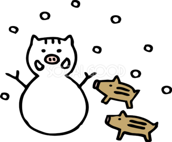 かわいいイノシシ風の雪だるまとうり坊の亥年の年賀状無料イラスト無料フリー84729