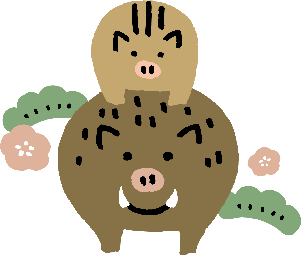 かわいい子どもを背中に乗せて正面を向いたイノシシの亥年の年賀状無料イラスト無料フリー84739に写真・文字を入れる