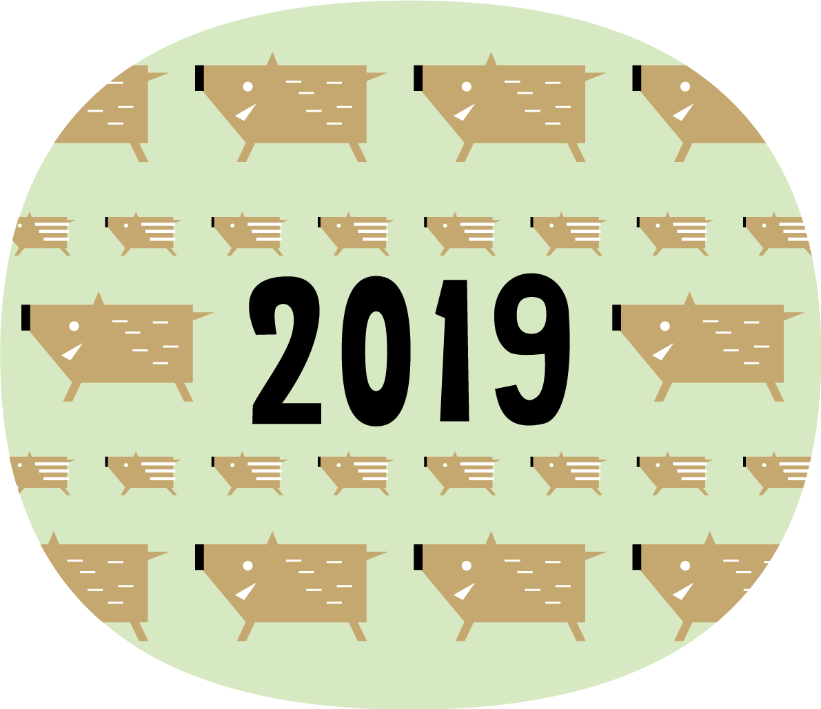 かわいい緑の楕円の中に2019とたくさんのイノシシの亥年の年賀状無料イラスト無料フリー84759に写真・文字を入れる