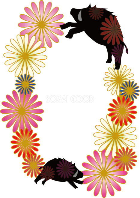 かわいい和風菊花模様のイノシシシルエットの亥年の年賀状フレーム枠イラスト無料フリー847 素材good