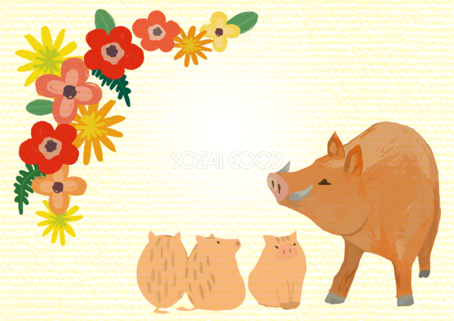 かわいい花とイノシシ親子の亥年の年賀状背景イラスト無料フリー 素材good