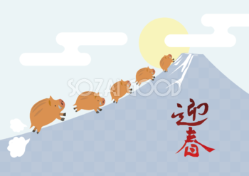 かわいい富士山に駆け上がるイノシシの亥年の年賀状背景イラスト無料フリー84807