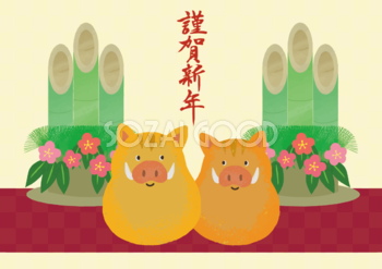 かわいい門松とイノシシペアの亥年の年賀状背景イラスト無料フリー84808