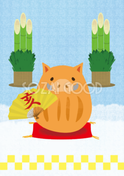 かわいい門松とイノシシ達磨の亥年の年賀状背景イラスト無料フリー84809