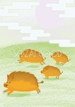 和風の草原を走るイノシシの亥年の年賀状背景イラスト無料フリー84812