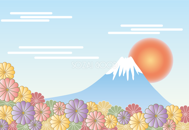 かわいい和風富士山と綺麗な花々の背景イラスト無料フリー 素材good