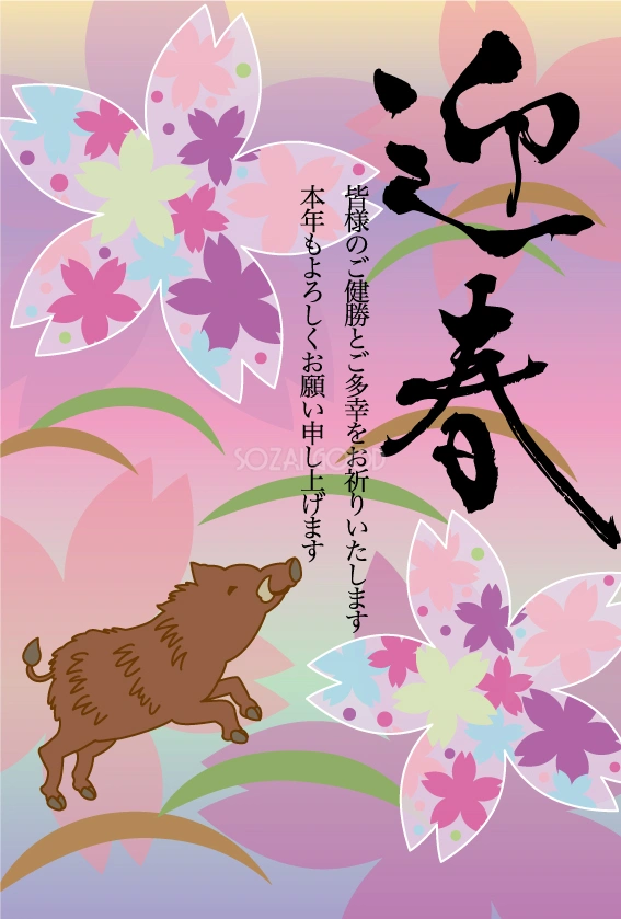 和風サクラとイノシシ亥年の年賀状テンプレートイラスト無料フリー84996