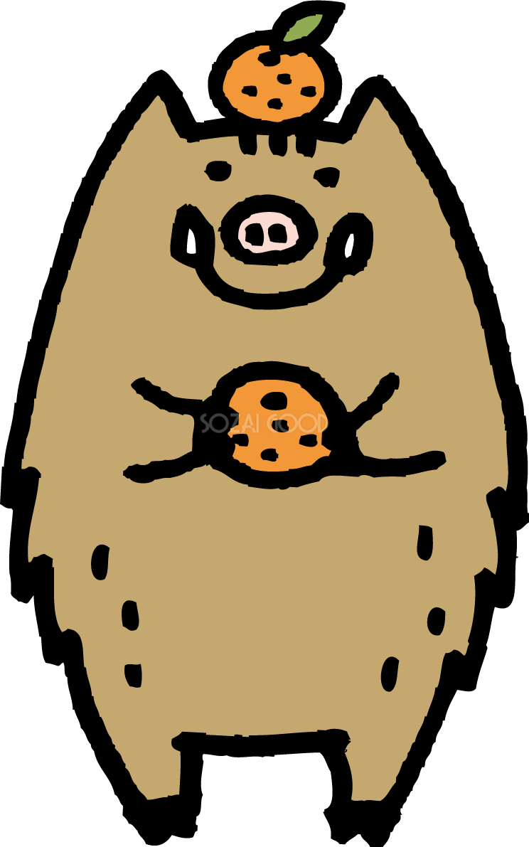 かわいいみかんを頭に乗せてみかんを持ったイノシシイラスト無料フリー85043