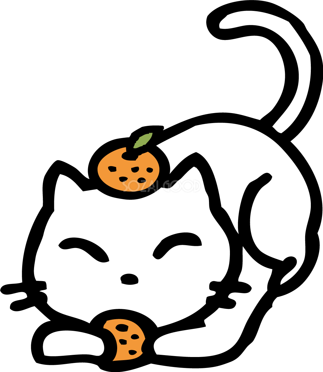 かわいいみかんを頭に乗せてみかんを持ったねこイラスト無料フリー85044