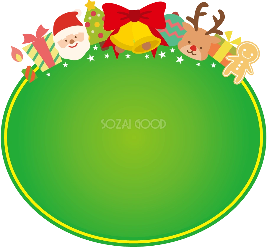 サンタクロースとトナカイの楕円飾りかわいいクリスマス フレーム枠イラスト無料フリー85076