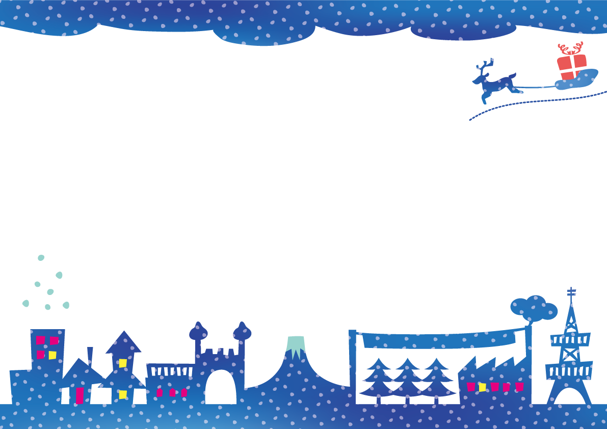 かわいいクリスマスフレーム枠イラスト(スノータウンの青い夜景)無料フリー85115に写真・文字を入れる