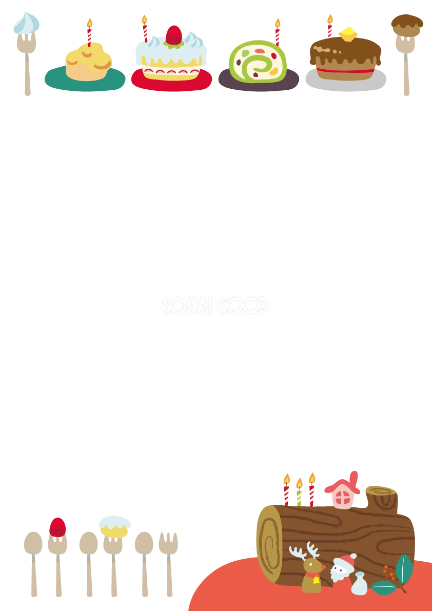 かわいいクリスマスフレーム枠イラスト(ブッシュ・ド・ノエルとアントルメの仲間たち)無料フリー85118
