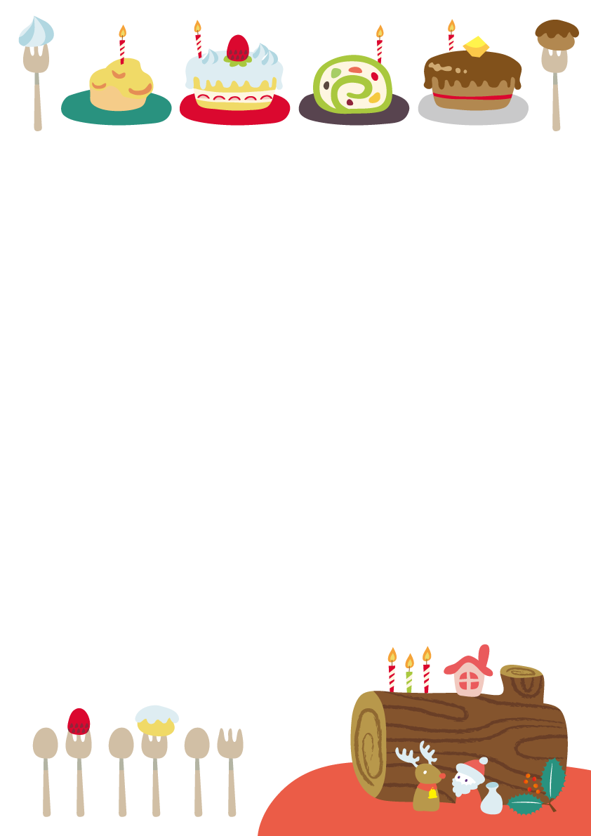 かわいいクリスマスフレーム枠イラスト(ブッシュ・ド・ノエルとアントルメの仲間たち)無料フリー85118に写真・文字を入れる
