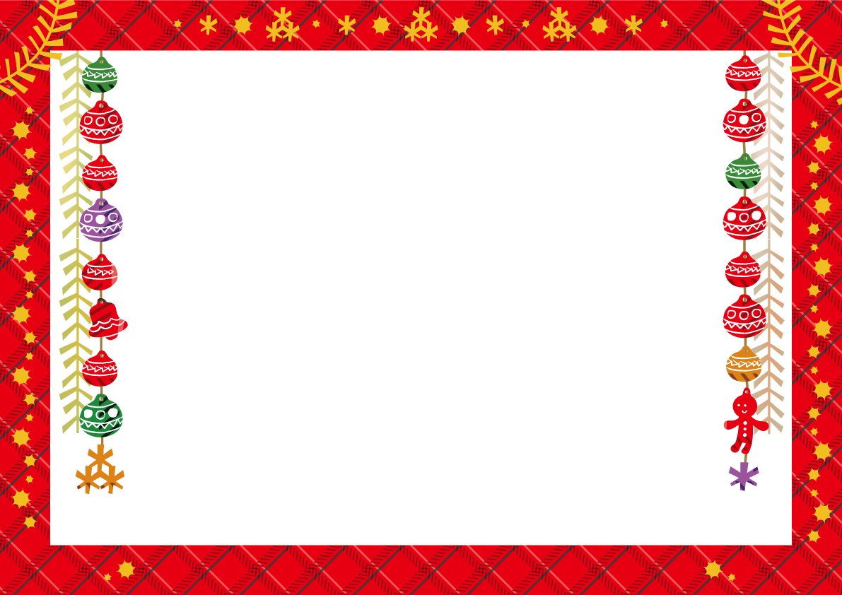 かわいいクリスマスフレーム枠イラスト(赤タータンチェックと北欧風オーナメント)無料フリー85121に写真・文字を入れる