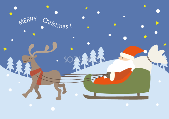 かわいいクリスマス 雪の中そりをひくトナカイとサンタクロース 背景イラスト無料フリー85130 素材good