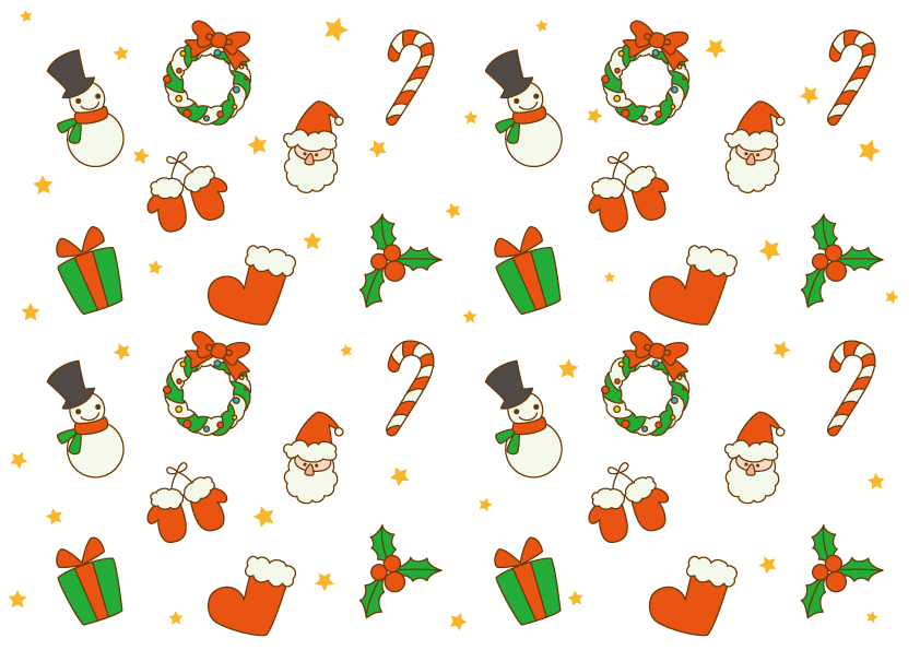 サンタ・雪だるま・手袋・リース・ひいらぎ・プレゼント柄かわいいクリスマス背景イラスト無料フリー85134に写真・文字を入れる