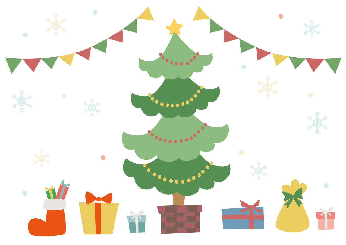 かわいいクリスマスフレーム枠(クリスマスツリーとプレゼント)イラスト無料フリー85141に写真・文字を入れる