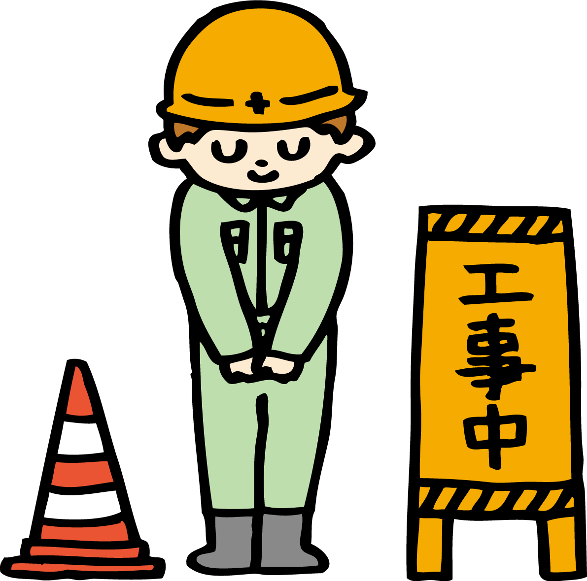工事現場注意イラスト無料フリー（工事中で頭を下げる作業員）85178に写真・文字を入れる