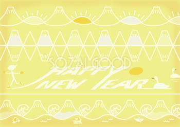 富士山（かわいい：和みテイスト・スケート×白鳥で「HAPP YNEW YEAR」）背景イラスト無料フリー85237