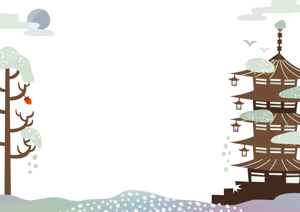 和風（おしゃれ：年末におすすめ・月光の雪上に古塔と柿）フレーム枠イラスト無料フリー85246に写真・文字を入れる
