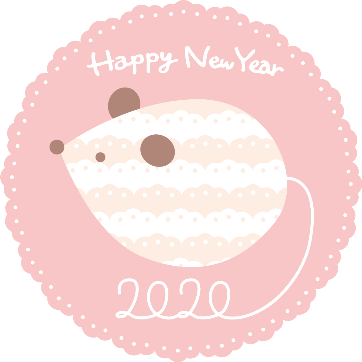 レースの円の中に2020のしっぽのねずみ(ネズミ 鼠)かわいい子年の無料イラスト(2020)85301に写真・文字を入れる