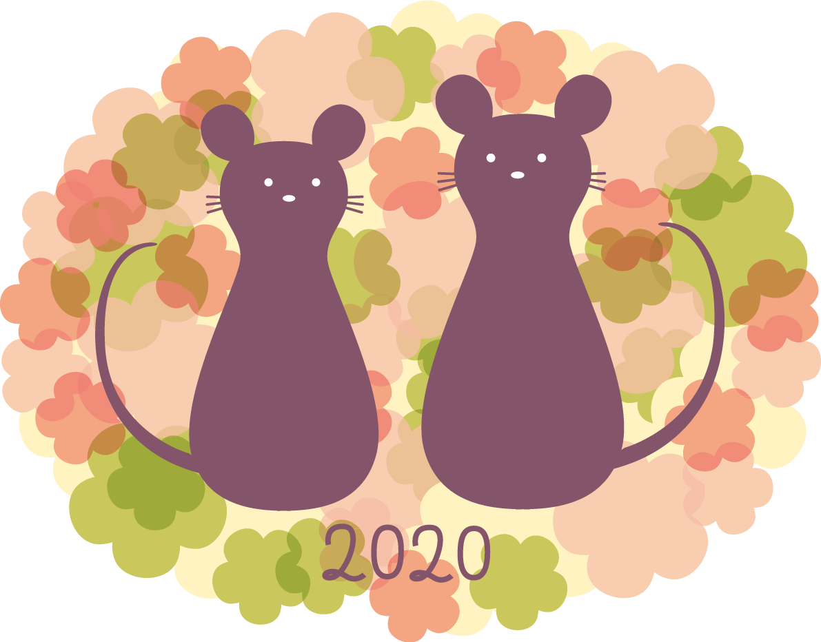 重なる花の中に2匹のねずみ(ネズミ 鼠) かわいい子年の無料イラスト(2020)85312に写真・文字を入れる