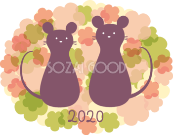 重なる花の中に2匹のねずみ(ネズミ 鼠) かわいい子年の無料イラスト(2020)85312