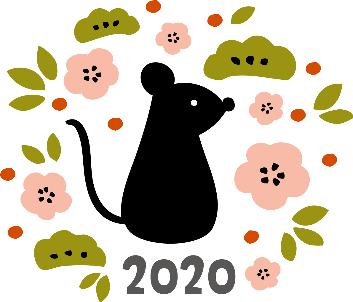 梅と松と南天とねずみ(ネズミ 鼠) かわいい子年の無料イラスト(2020)85317に写真・文字を入れる