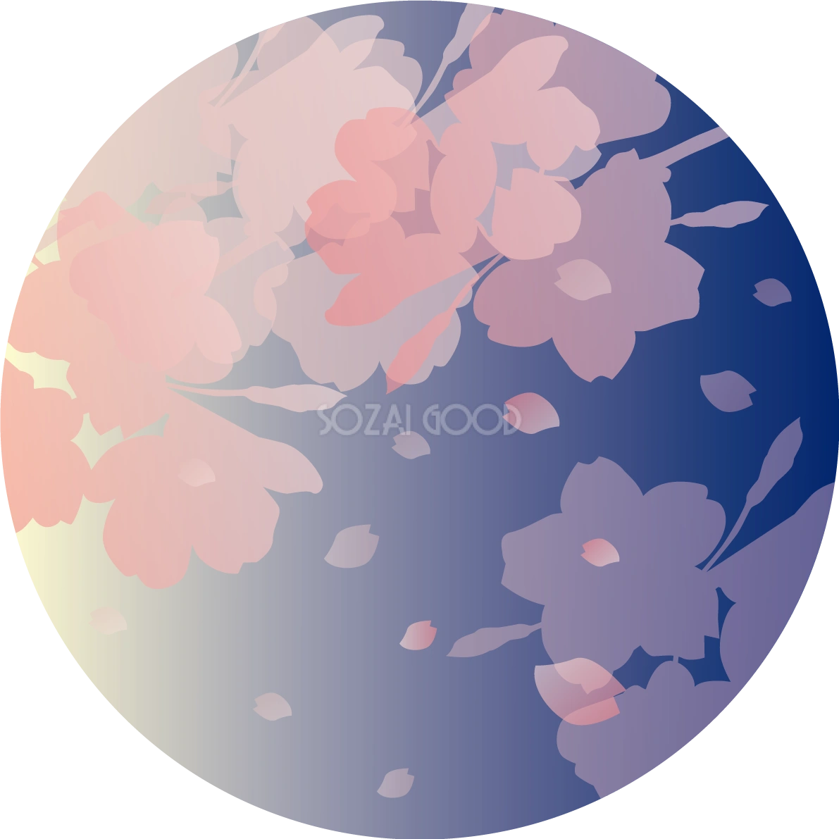 円の中にシルエットで重なる夜桜の花びら おしゃれ無料(フリー)イラスト85369