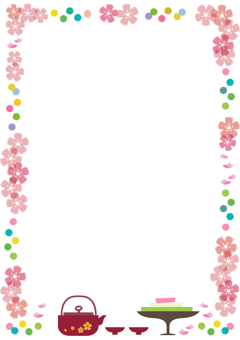かわいいカラフルひなあられと透け感のある桜フレーム枠イラスト無料フリー85419に写真・文字を入れる