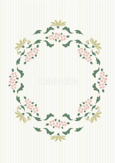 花とグリーンで丸く囲った飾り枠 ウェディング 縦フレーム枠イラスト